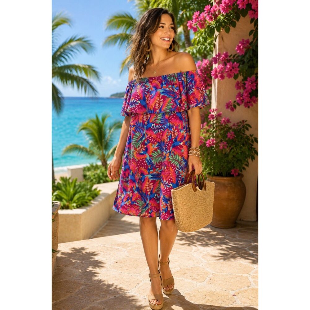 Tropical Parrot Print Off Shoulder Ruffle Dress Stella Parker Resort Vacation S